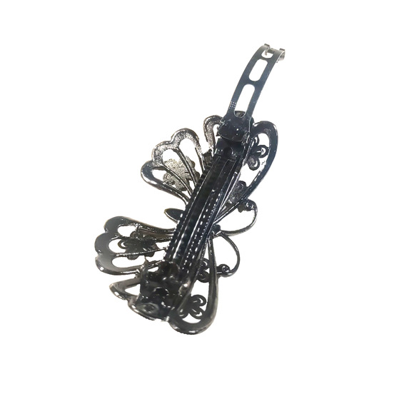 Hair Tension Clip Black Silver Tone Rhinestone Butterfly Garden Floral - Picture 4 of 5